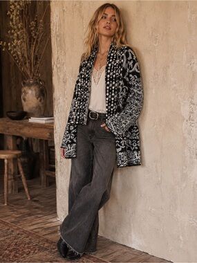 GYPSY05 ORVIETO DRAPE BLACK GRAY WHITE GYPSY SWEATER CASHMERE CARDIGAN SZ M $225